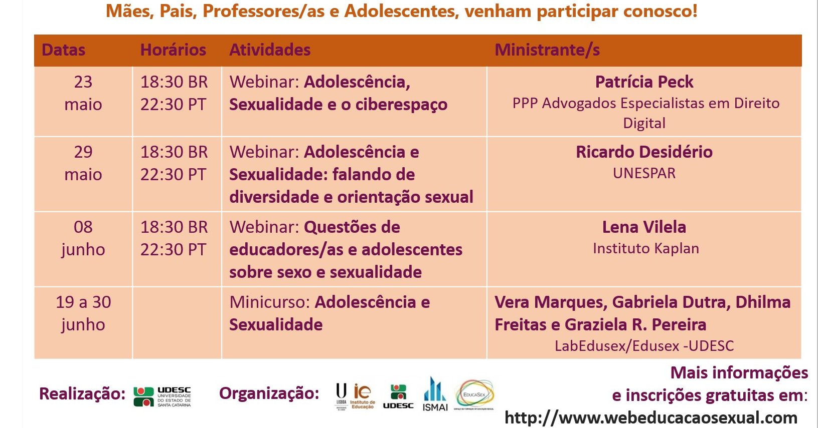 Webinares e mini-curso 2017, projeto WebEducação Sexual
